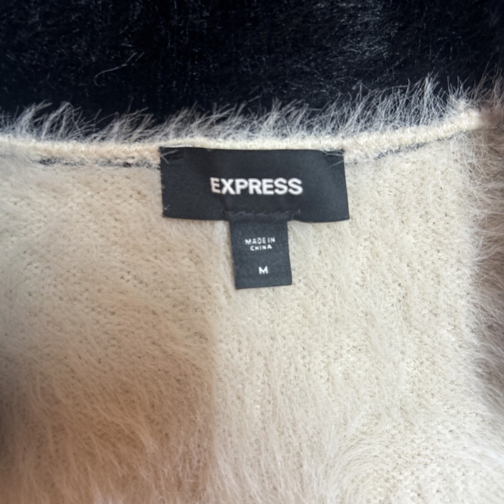 Express Tipped Faux Fur Novelty 4 Button  Cardigan Cream Black Trim Sz M - Picture 6 of 8